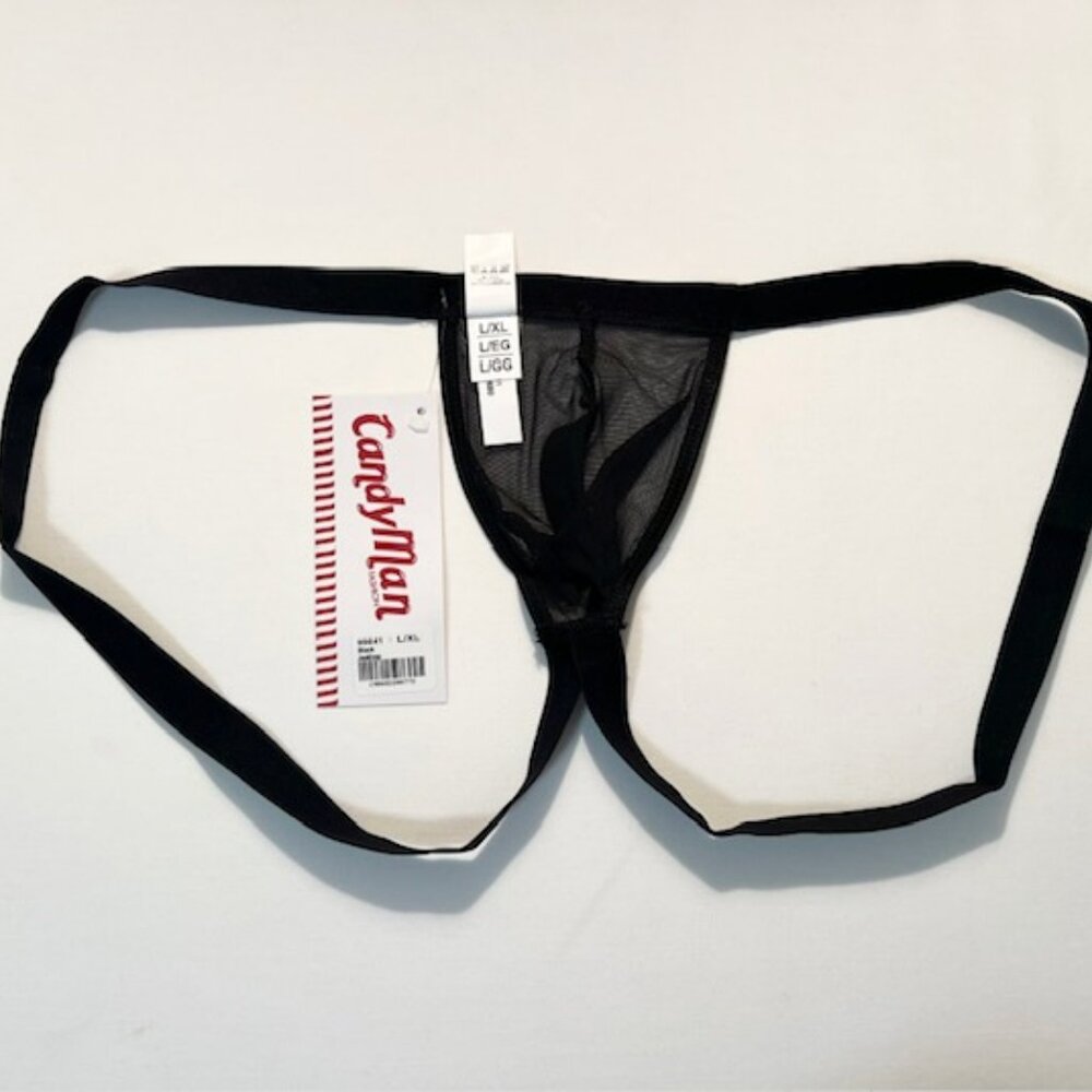 CandyMan Size L/XL Sheer Mesh Thong - Black - Pouch